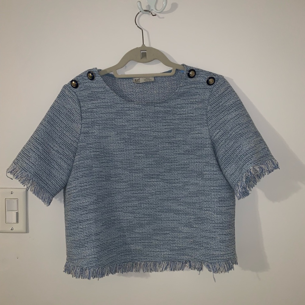 Zara frayed crop top, button detail matching skirt